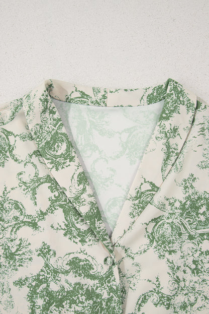 Green Landscape Print Tied 3/4 Sleeve Shirt with Sash