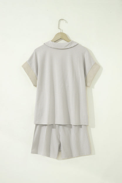 Khaki Stripe Dolman Sleeve Polo Shirt and Drawstring Shorts Set
