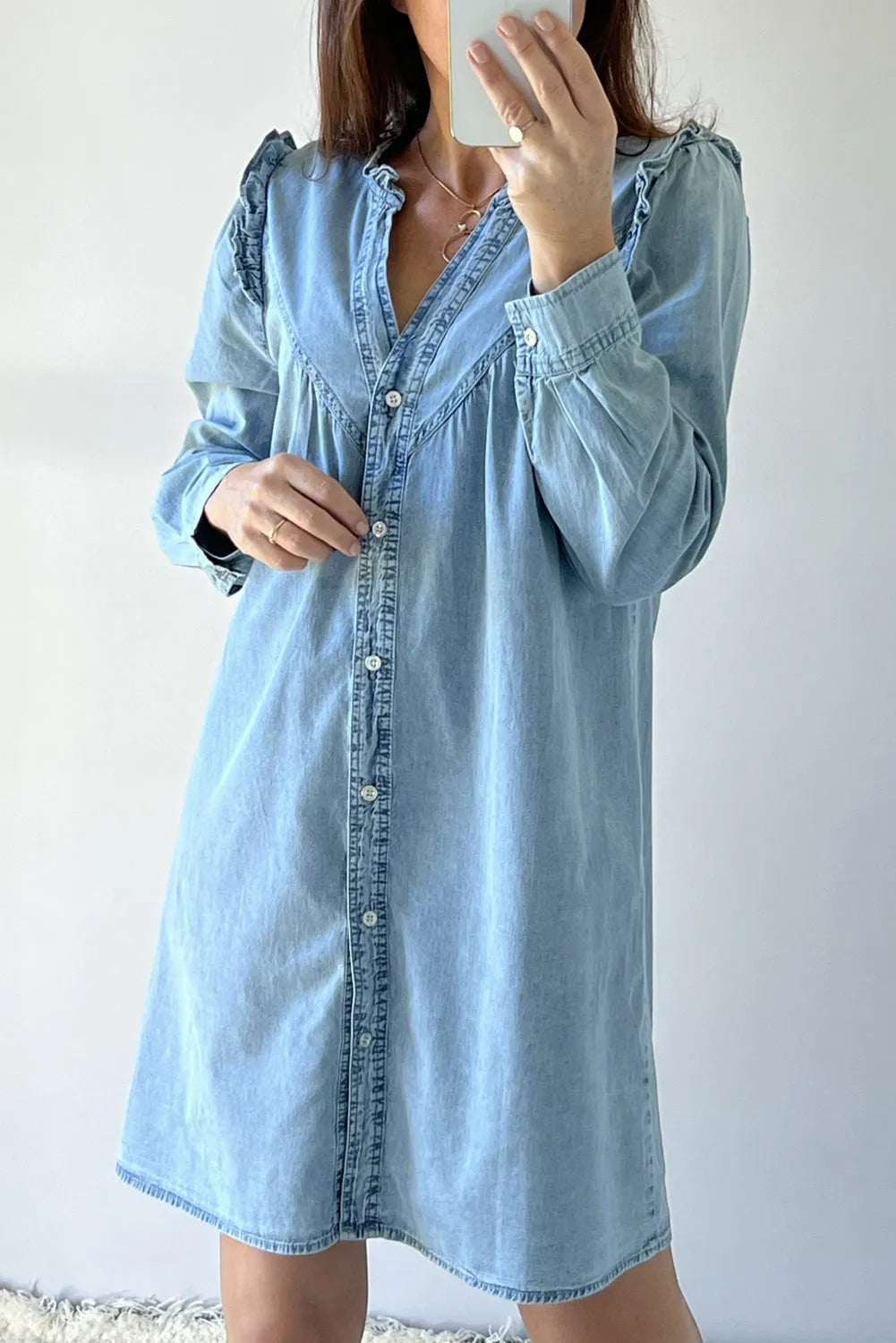 Myosotis Ruffled V Neck Buttoned Shift Denim Dress - Chic Meadow Boutique 