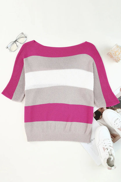 Rose Contrast Stripe Knit Half Sleeve Sweater - Chic Meadow Boutique 