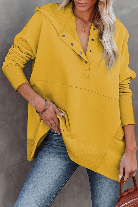 Yellow Batwing Sleeve Pocketed Henley Hoodie - Chic Meadow Boutique 