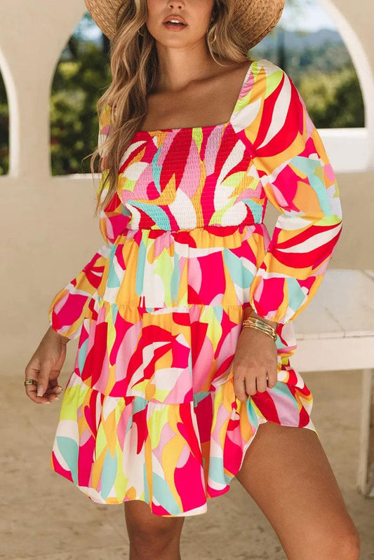 Dresses/Mini Dresses Multicolor / S / 100%Polyester Multicolor Abstract Print Puff Sleeve Smocked Square Neck Dress