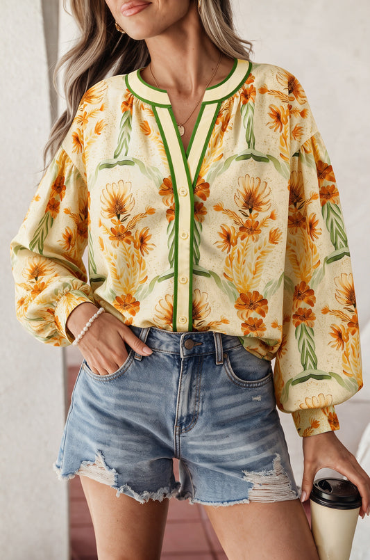 Yellow Floral Print V Neck Long Sleeve Shirt