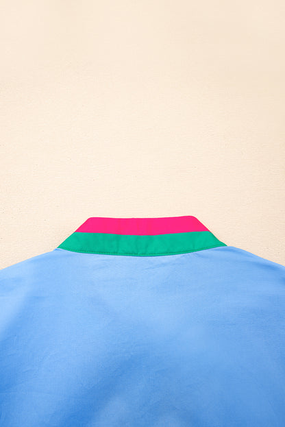 Sky Blue Contrast Striped V Neck Collision Short Puff Sleeve Blouse