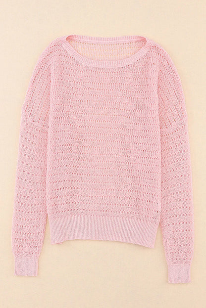 Pink Knitted Eyelets Round Neck Long Sleeve Top - Chic Meadow Boutique 