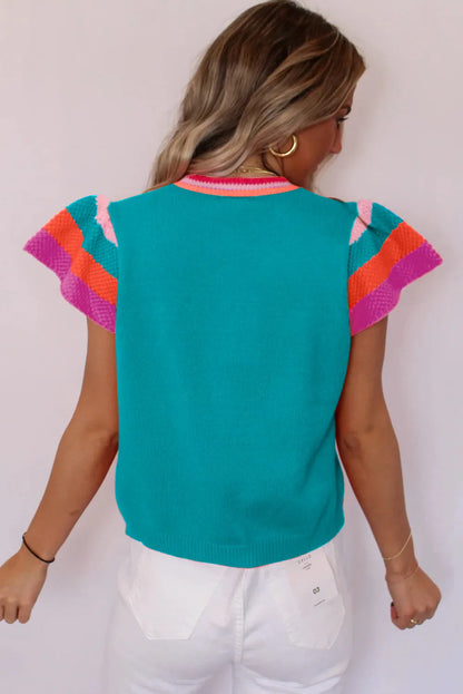 Turquoise Contrast Flutter Sleeves Knitted Sweater T Shirt - Chic Meadow Boutique 