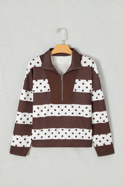 Brown Stripe Patchwork Polka Dot Accent Quarter Zip Long Sleeve Top