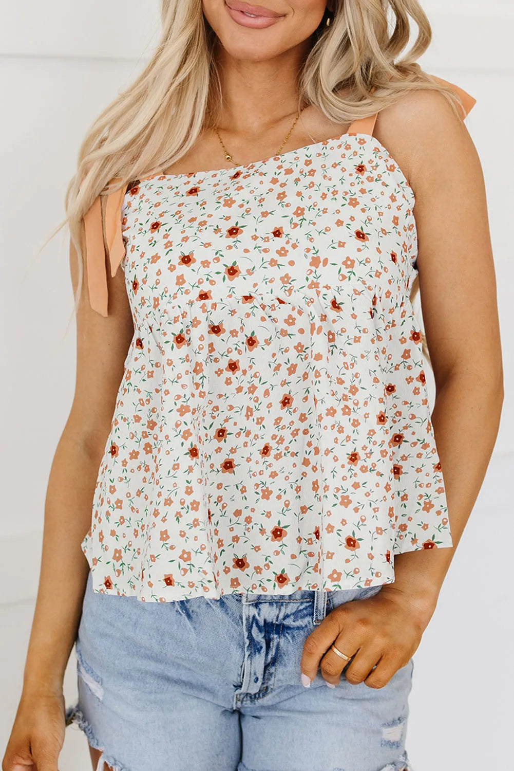 White Tied Shoulder Floral Print Babydoll Tank - Chic Meadow Boutique 