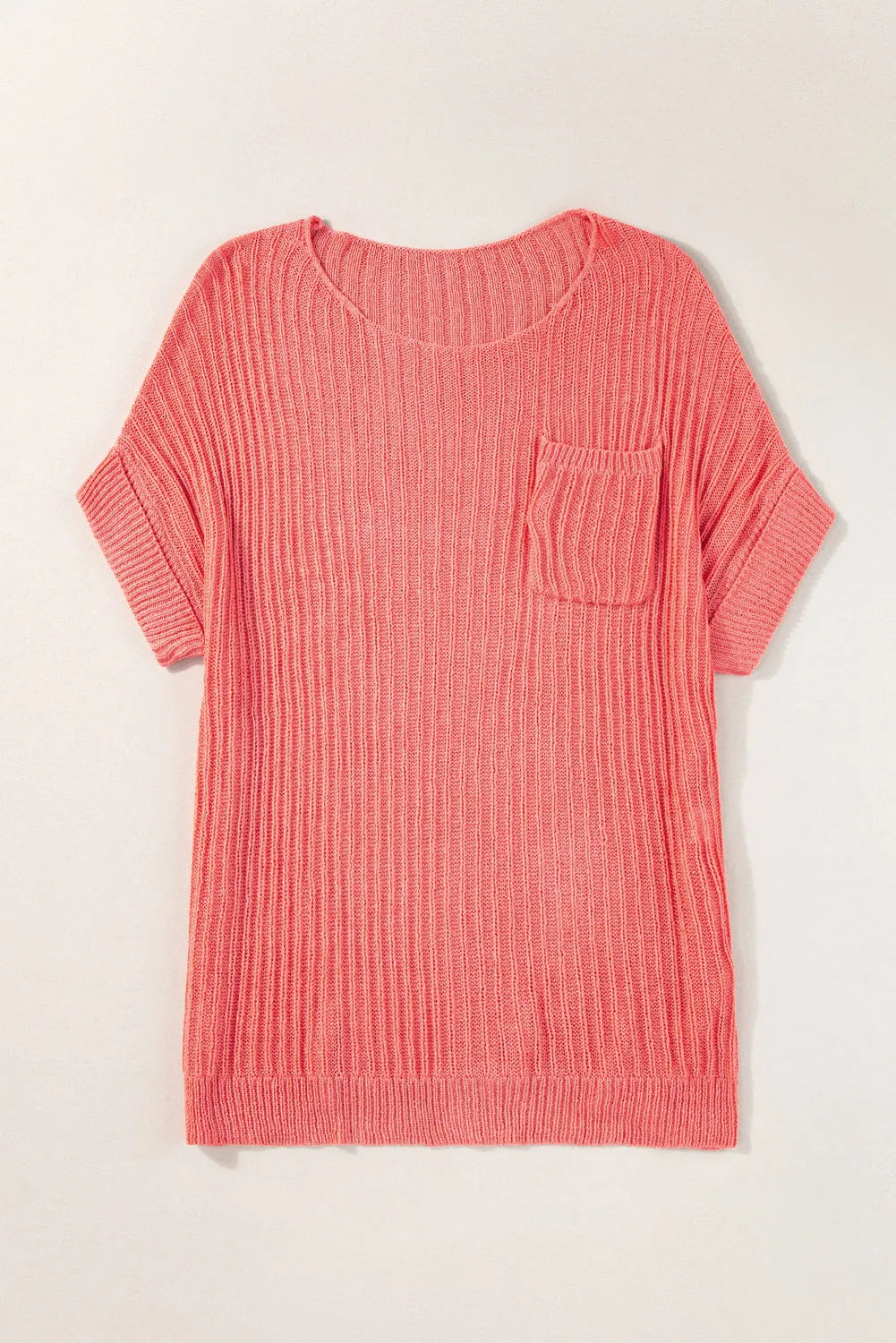 Fresh Salmon Rolled Cuffs Loose Knit Tee with Slits - Chic Meadow Boutique 