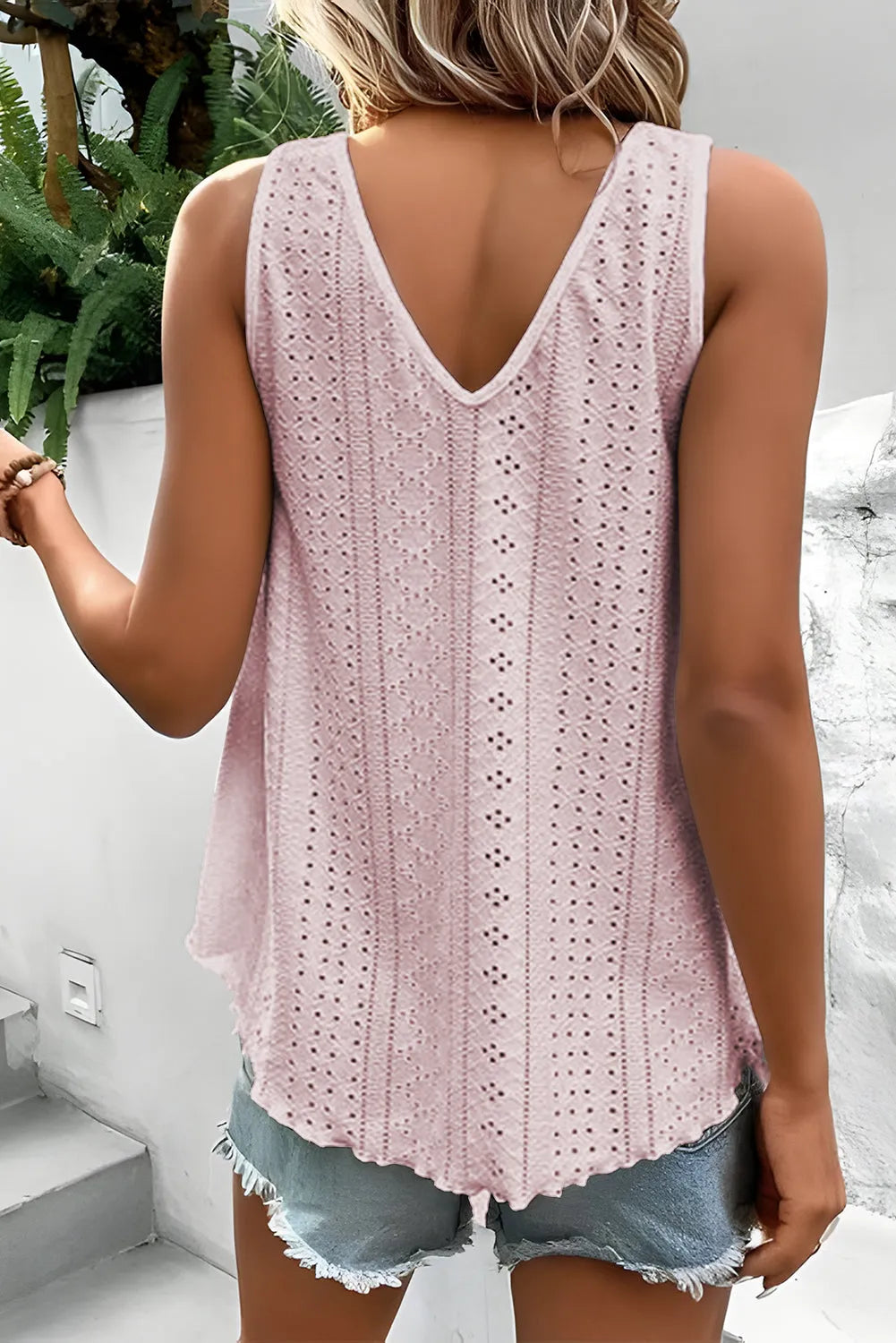 Apricot Pink Lace Crochet Splicing V Neck Loose Fit Tank Top - Chic Meadow Boutique 