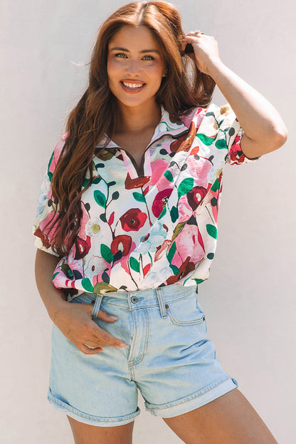 Pink Floral Print Slit V Neck Short Sleeve Blouse