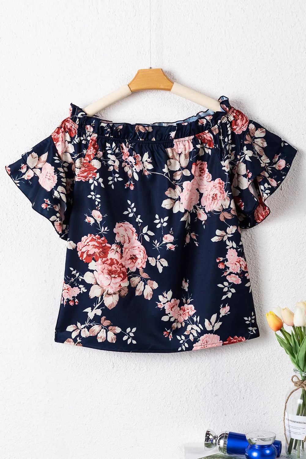 Blue Ruffle Off Shoulder Flounce Sleeve Floral Blouse - Chic Meadow Boutique 