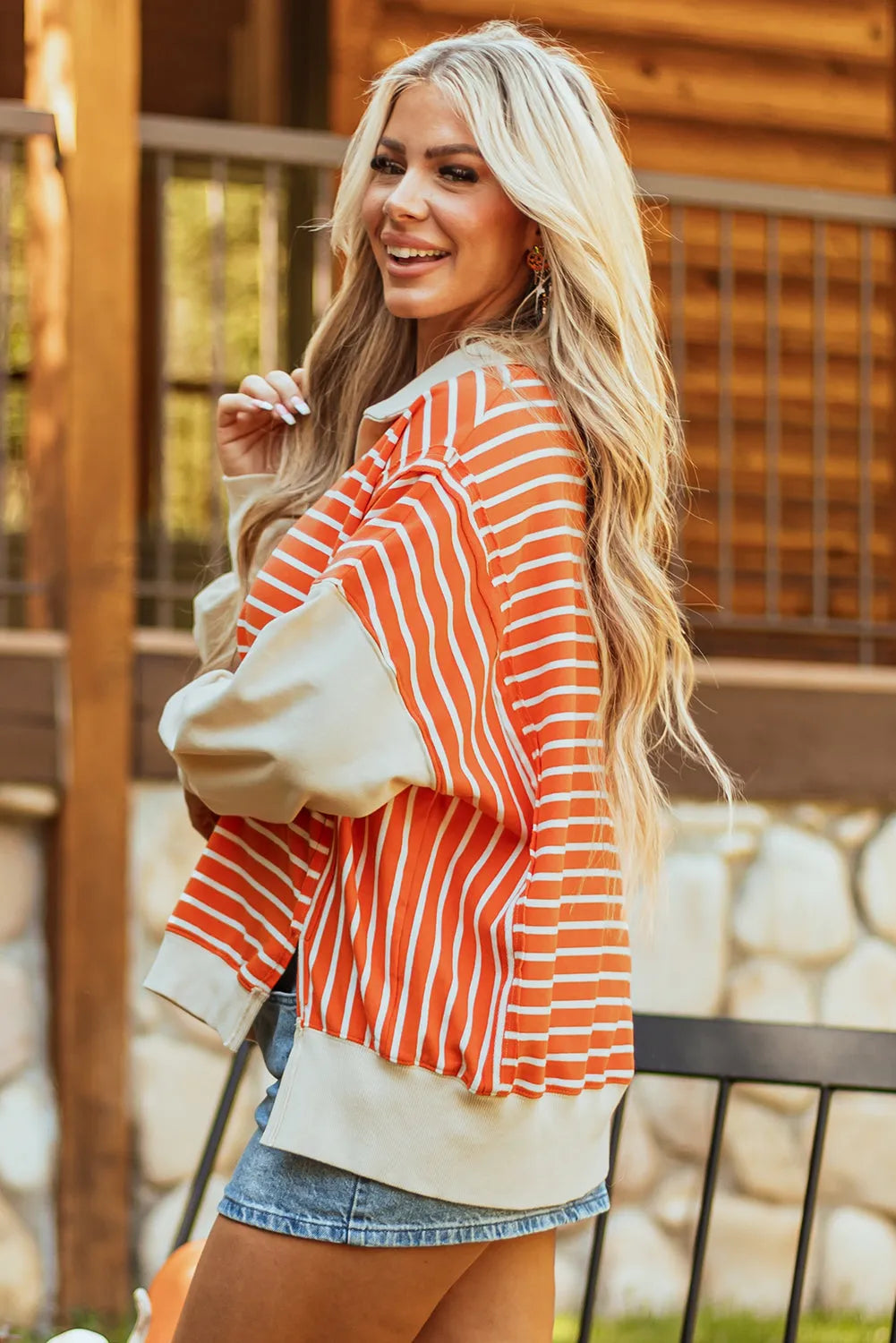 Orange Stripe Color Block Loose Fit Collared Drop Shoulder Sweatshirt - Chic Meadow Boutique 