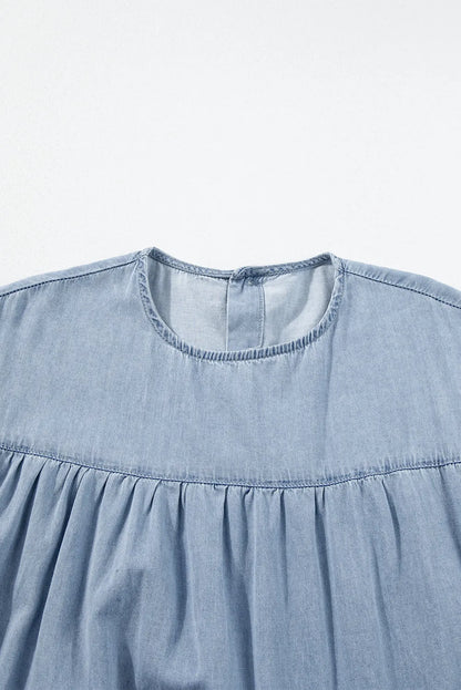 Beau Blue Ruffle Short Sleeve Tiered A-line Denim Dress - Chic Meadow Boutique 