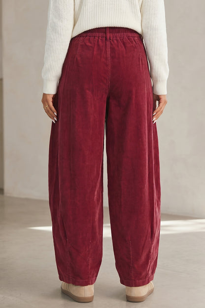 Racing Red Elastic Waist Drawstring Corduroy Casual Pants