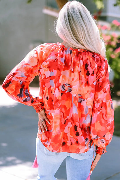 Fiery Red Floral Print Split Neck Tassel Tie Blouse - Chic Meadow Boutique 