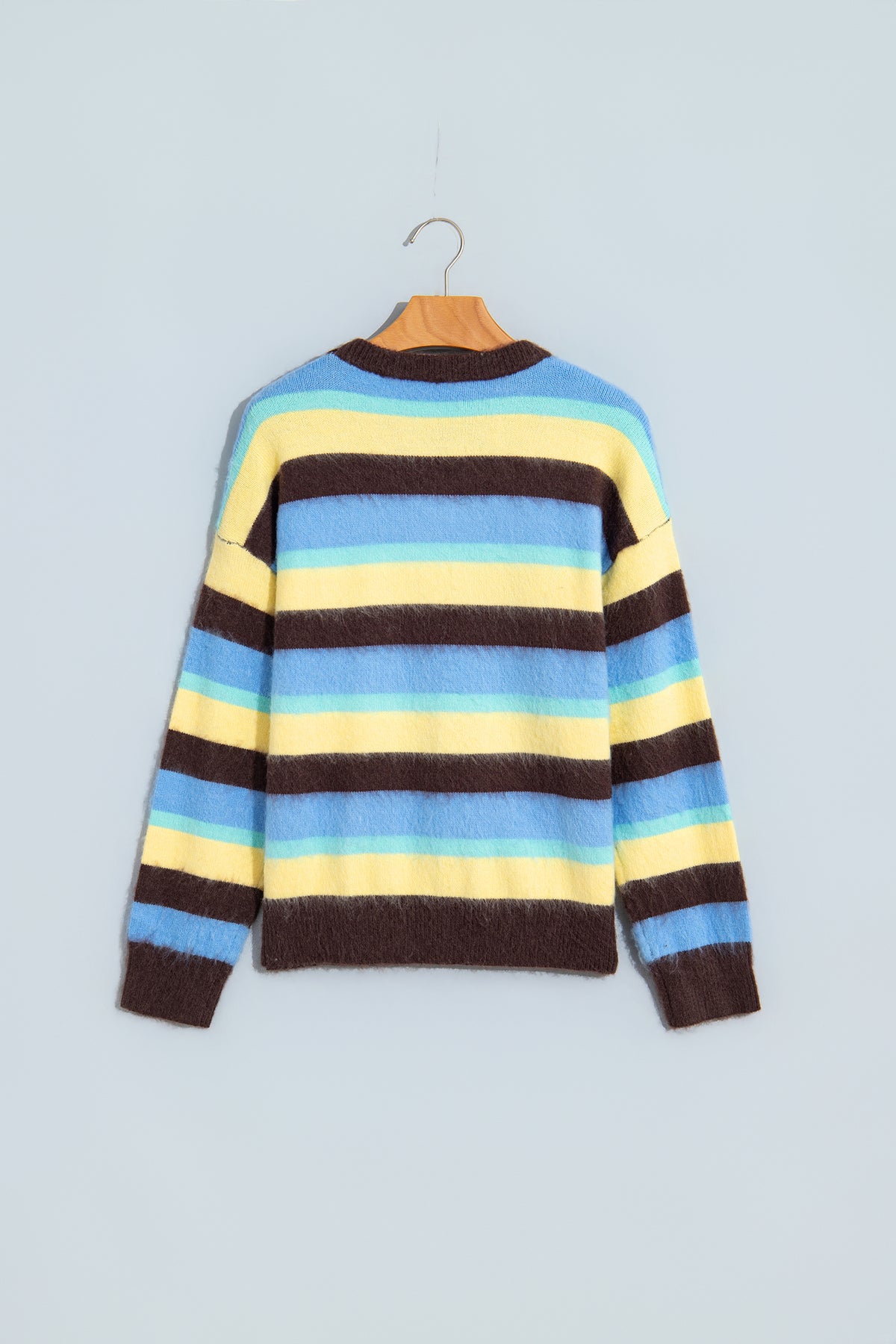 Multicolour Fuzzy Striped Knit Round Neck Casual Shift Sweater