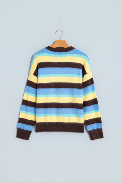 Multicolour Fuzzy Striped Knit Round Neck Casual Shift Sweater