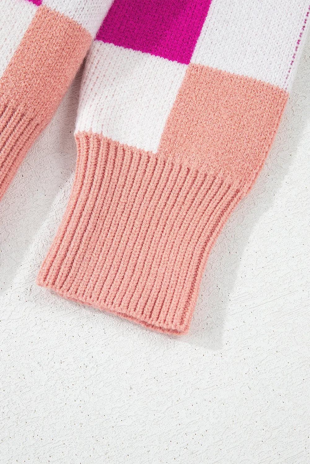 Sweaters & Cardigans/Sweaters Pink Checkered Ribbed Edge O Neck Drop Shoulder Sweater