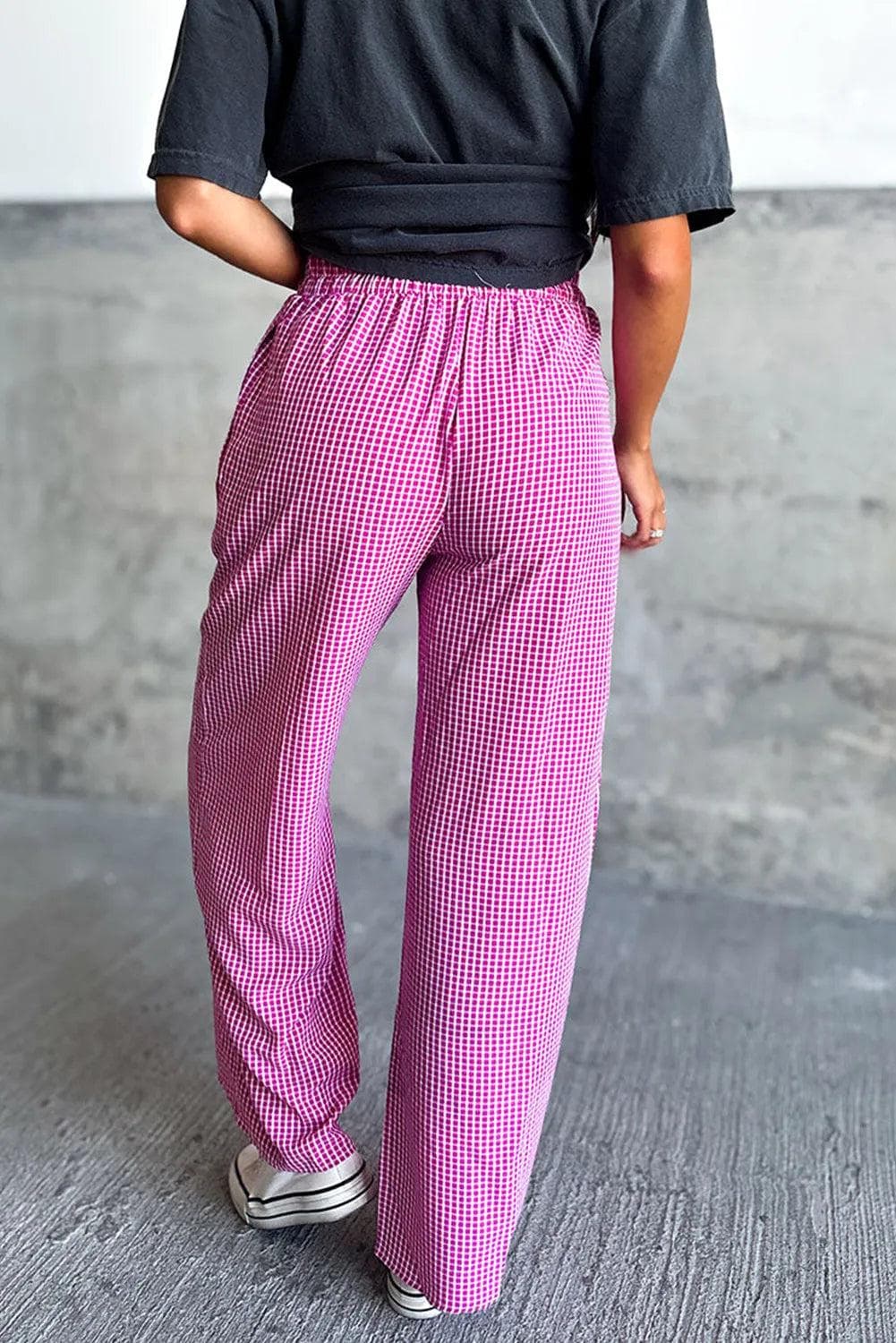 Bottoms/Pants & Culotte Pink Plaid Print Drawstring High Waist Wide Leg Casual Pants