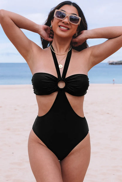 Black Halter O-ring Ruched Bust One Piece Swimsuit - Chic Meadow Boutique 