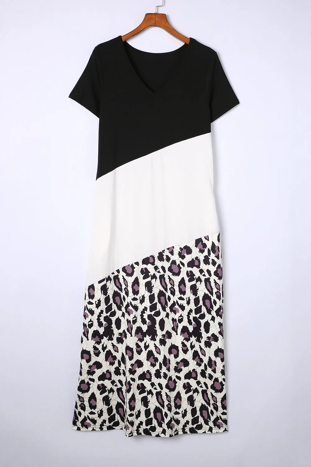 Black Leopard Color Block Side Slit T Shirt Maxi Dress - Chic Meadow Boutique 