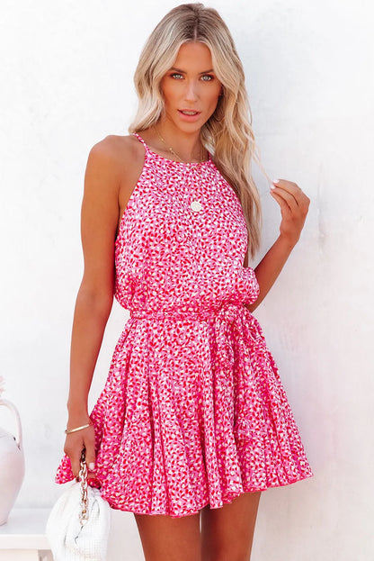 Pink Leopard Print Sleeveless Mini Dress with Waist Tie - Chic Meadow Boutique 