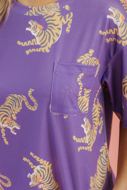 Purple Allover Tiger Printed Patch Pocket Loose T Shirt