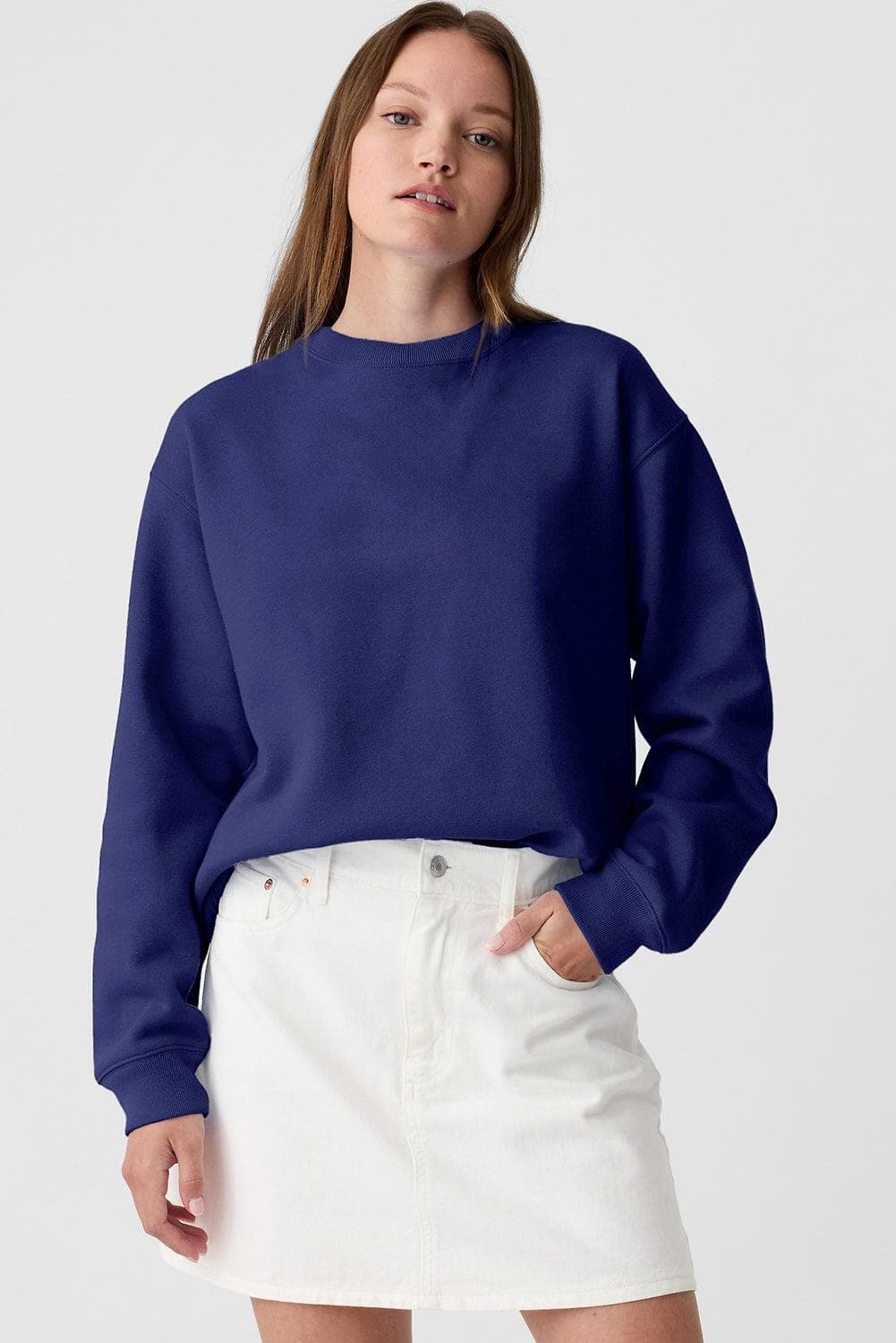 Tops/Sweatshirts & Hoodies Navy Blue Plain Drop Shoulder Crewneck Pullover Sweatshirt