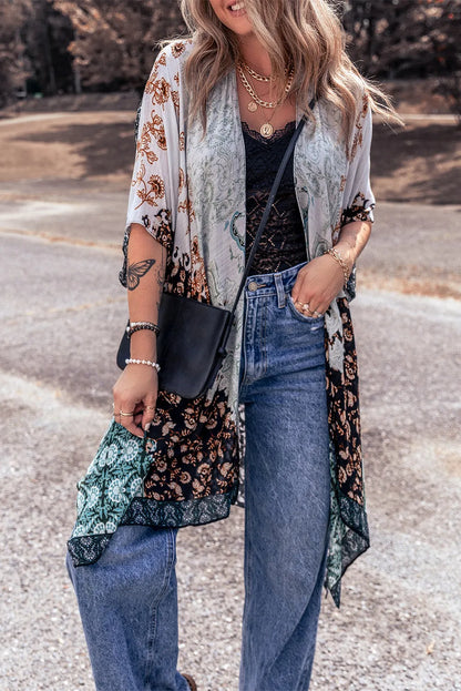 Green Boho Floral Print Irregular Hem Flowy Kimono - Chic Meadow Boutique 