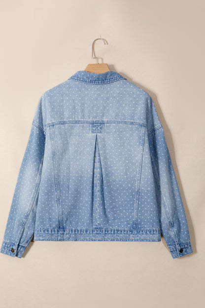 Sky Blue Polka Dot Long Sleeve Collar Pocket Casual Shift Silhouette Denim Jacket
