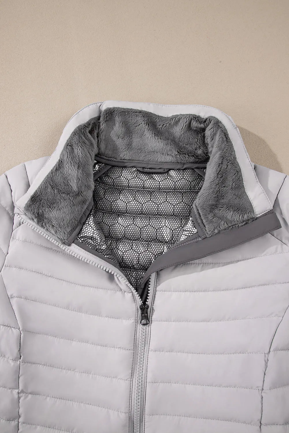 Silvery Solid Color Quilted Zip-up Puffer Jacket - Chic Meadow Boutique 