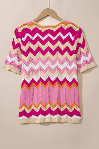 Pink Stripe Chevron Pointelle Knit V Neck Short Sleeve Sweater - Chic Meadow Boutique 