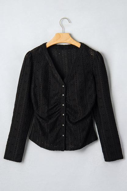 Black V Neck Floral Knit Long Sleeve Button Front Fit Blouse