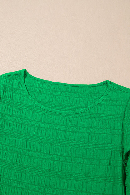 Dark Green Textured Ruffled Sleeve Round Neck Top