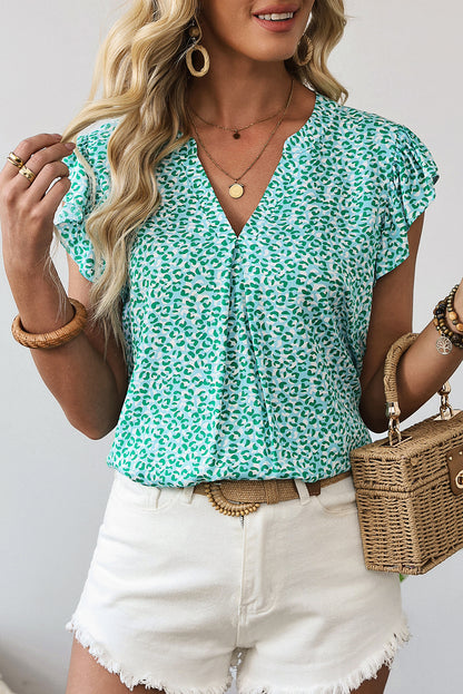 Green Notched V Neck Leopard Ruffle Short Sleeve Blouse