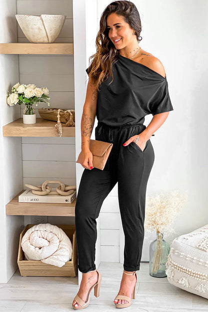 Black Tie Waist Short Sleeve Tapered Jumpsuit - Chic Meadow Boutique 