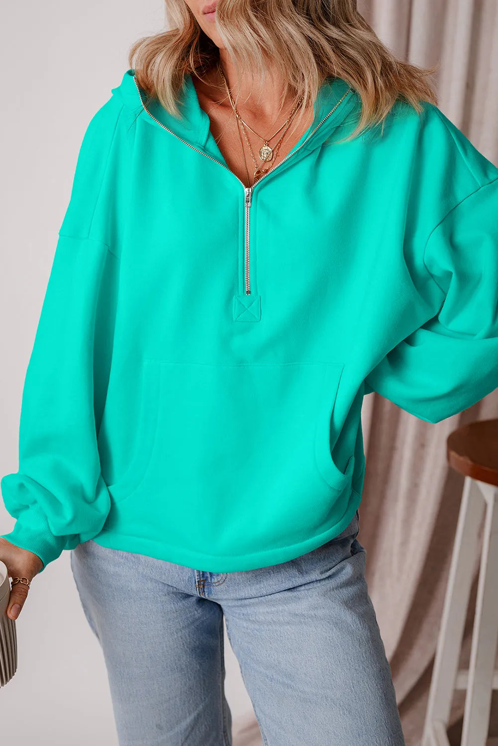 Aruba Blue Fleece Lined Half Zipper Kangaroo Pockets Loose Hoodie - Chic Meadow Boutique 