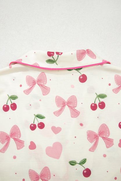 Beige Bow Fruit Print Contrast Pipping Short Pajamas Set
