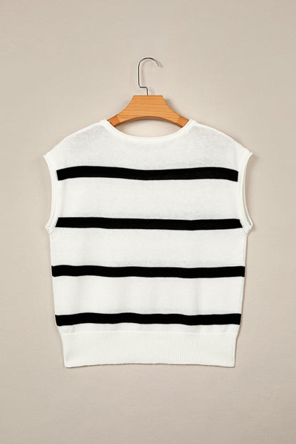White Stripe Knit Western Short Sleeve Sweater