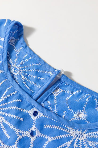 Sky Blue Eyelet Flower Embroidery Frilled Short Puff Sleeve Blouse