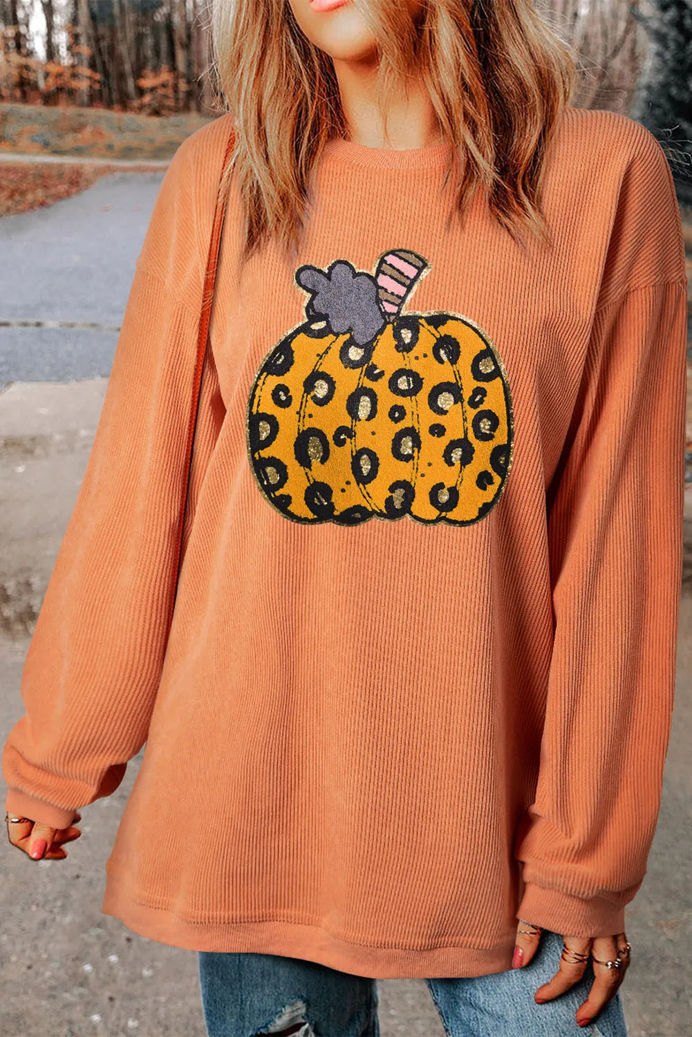 Orange Halloween Leopard Pumpkin Patchwork Ribbed Sweatshirt - Chic Meadow Boutique 