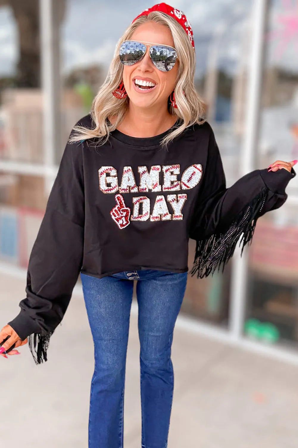 Black GAME DAY Rugby Sequined Tasseled Cropped Sweatshirt - Chic Meadow Boutique 