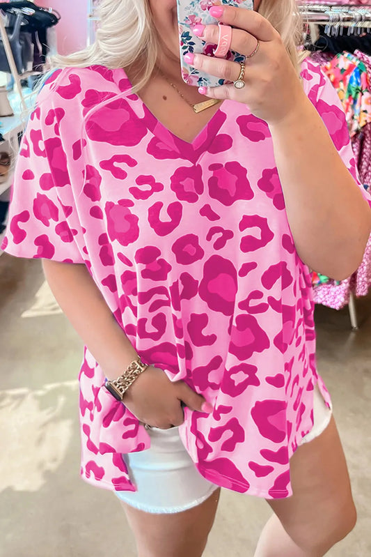 Rose Leopard Print V Neck Plus Size Tee - Chic Meadow Boutique 