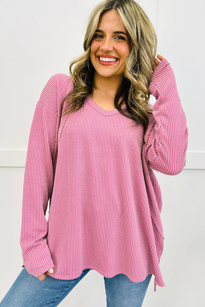 Pink Twisted Rib Texture Exposed Seam Patchwork Loose Long Sleeve Top