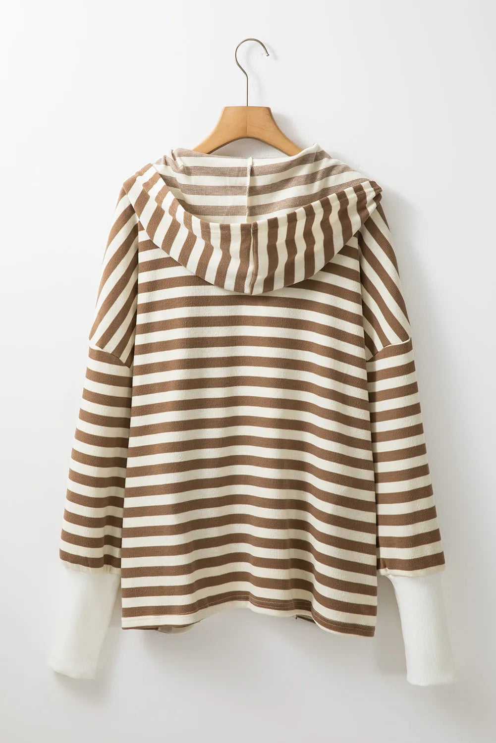 Brown Stripe Quarter Buttons Drop Sleeve Plus Size Hoodie - Chic Meadow Boutique 