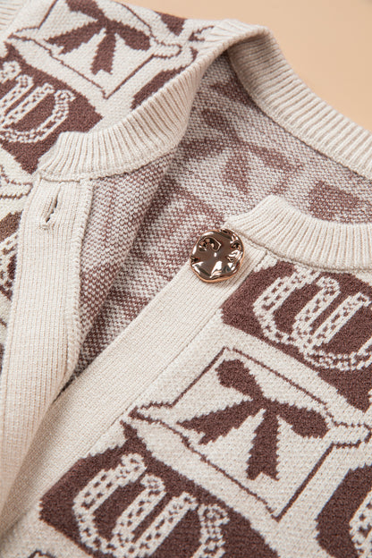 Brown Western Horseshoe Bow Pattern Button Front Sleeveless Knit Sweater