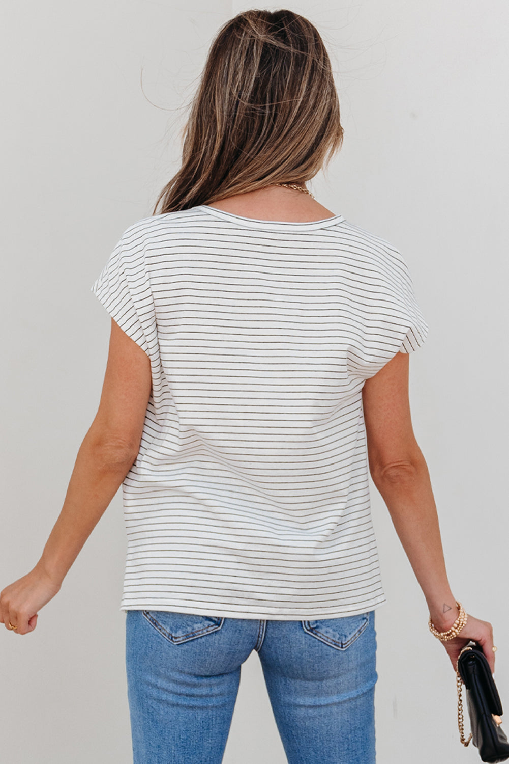 White Stripe Cap Sleeve Crew Neck Casual Tee with Chest Pocket