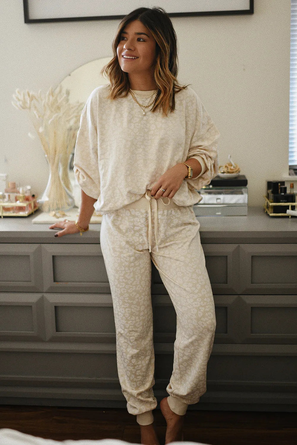 White Cheetah Print Two Piece Loose Fit Cozy Loungewear - Chic Meadow Boutique 