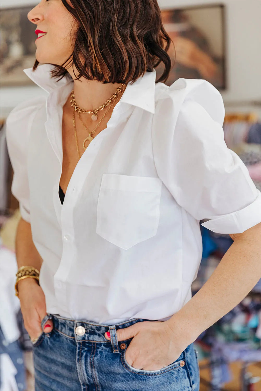 White Solid Puff Short Sleeve Shirt - Chic Meadow Boutique 